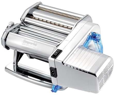 Imperia Electric Línea Clásica. Máquina de pasta eléctrica. Made in Italy. Máquina de pasta fresca en acero con motor eléctrico 220v. Laminadora eléctrica para lasagne, tagliolini, fettuccine. (Plata)