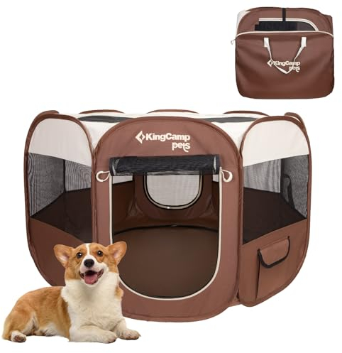 KingCamp Welpenlaufstall, Tierlaufstall, Tragbarer Welpenauslauf, Laufstall für Hunde, Katzen, Welpen, im Innen- und Außenbereich, für Wohnung mit Tragetasche und Hering, Khaki S