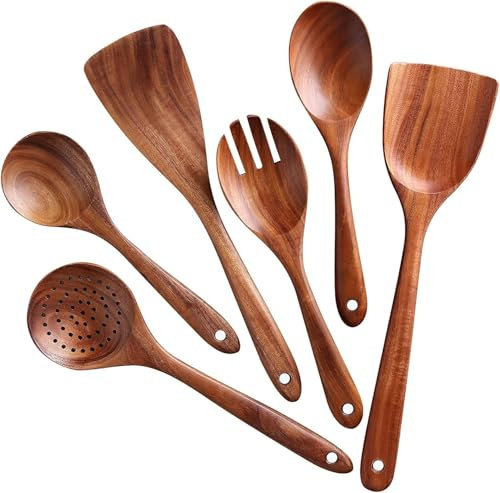 BITE SHOPPING® Wooden Spoon 6 Pcs, Cooking Utensils,Kitchen Utensils Natural Teak Wood Non-Stick Cooking Spoons, Kitchen Utensils Set for Kitchen,Natural Color