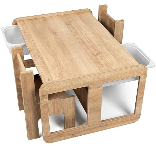 Industrial living Kindertisch mit 2 weißen Schubladen - Kinderschreibtisch mit 2 Stühlen - Spieltisch - Aktivitätstisch - Zeichentisch - Holz - Walnuss