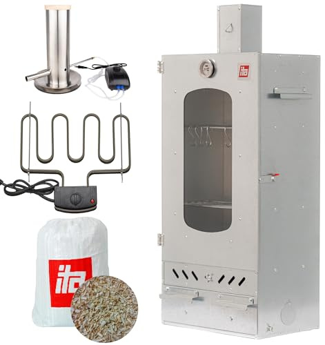 ITA Affumicatore Elettrico 7012 - Set Smoker con Riscaldamento, Generatore di Fumo - Armadio con Finestra e Camino - Acciaio Legato - Qualità UE, Diretto dal Produttore - 81 cm con 3 Ripiani