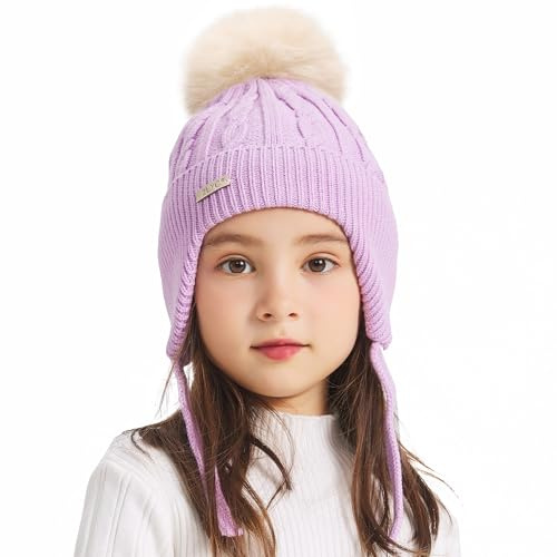 ZLYC Berretto Invernale per Bambini, in Cotone, con Pompon, Tinta Unita Viola Chiaro, Taglia Unica
