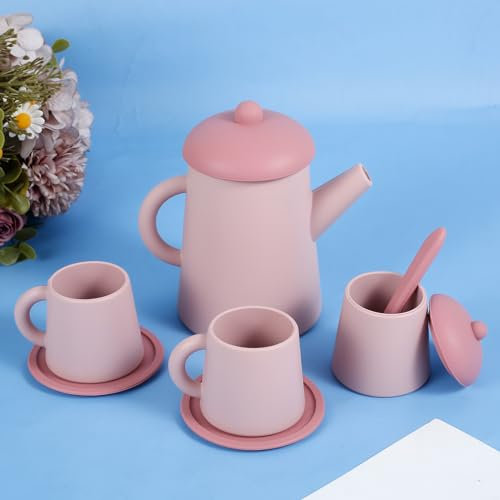 7Pcs Silicone Afternoon Tea Set for Toddler, Children Tea Pretend Toy with Teapot Cups Spoon Spice Jar Cup Mat Toddlers Simulation Tea Toy Set Kitchen Accessories for Kids Boys Girls 3 Years and Up