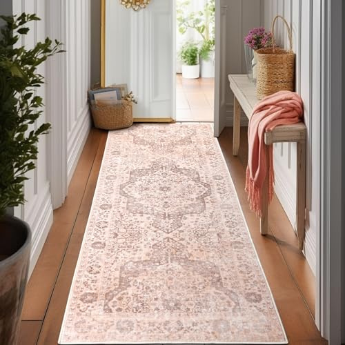 nesrt Boho Hallway Rug Runner 2x6, Low Pile Vintage Rugs for Living Room Washable Non Slip, Soft Faux Wool Thin Printed Carpet Runner for Entryway Kitchen Bedroom Laundry (Pink)