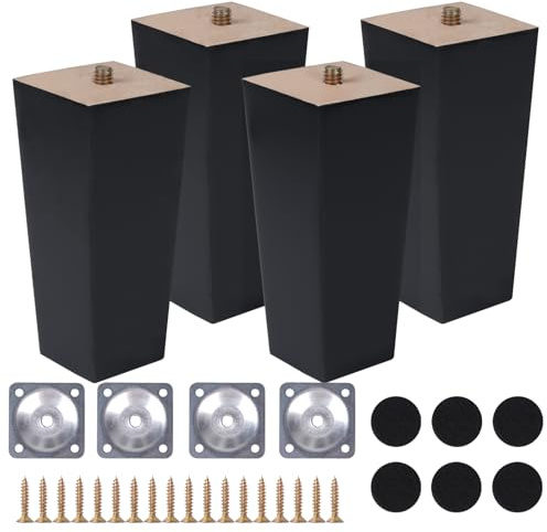COEWUR 4 Pezzi Piedini per Mobili in Legno 12cm Nero Quadrate Gambe per Mobili con Piastra di Montaggio Viti Pad Antiscivolo Piedini di Ricambio per Armadio Divano Letto Mobile TV