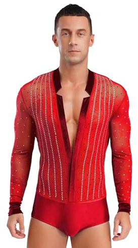 CHICTRY Body da Ballo Latino Americano Uomo Manica Lunga Jumpsuit Camicia con Scollo a V Balletto Body Leotards Danza Classica Abtio da Pattinaggio Artistico Rosso A M