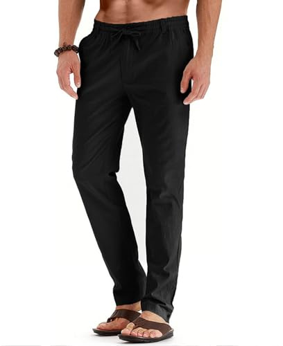 Remxi Pantaloni da uomo in lino e cotone, leggeri, pantaloni da yoga con vita elasticizzata, pantaloni da spiaggia, Nero , 5XL