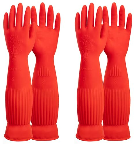 ThxToms 2 Pairs Heavy Duty Rubber Gloves with Extra Long Cuffs,Reusable,Waterproof Washing Up Gloves with Non-slip Grip,Household Cleaning,Car Washing, Gardening,Medium