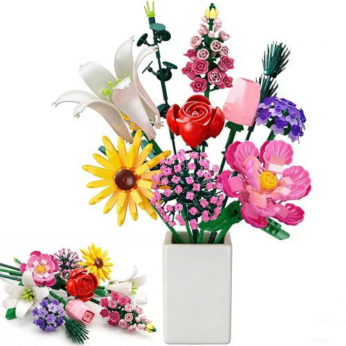 MOGZZi Kit de Construction Bouquet de Fleurs, 721 PCS 10 Flower Décoratives pour Bureau ou Maison, Cadeaux pour Noël Enfants 6+ Ans & Adultes, Fête des Mères, Saint-Valentin pour Homme ou Femme