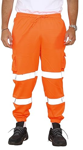 Hi Viz Mens Fleece Work Trousers Reflective Tape Band Safety Hi Vis Joggers, Men Warm High Visibility Two Tone Combat Side Pockets Bottoms Workwear Pants UK Plus Size S-5XL