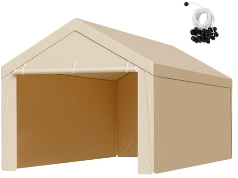 VEVOR Toile Rechange Carport, 6 x 3 m, Bâche Toit Abri Voiture, Couverture Tente Garage Portable, Résistante UV Imperméable, avec Parois Latérales, Cordons Élastiques à Billes, Beige, Cadre Non Inclus