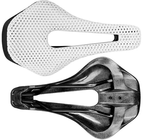 Asiento Bicicleta,Sillin Bicicleta MTB Sillín de Bicicleta Impreso en 3D, Ultraligero, Fibra Carbono, Hueco, cómodo y Transpirable, for montaña, Grava Carretera(White Plastic Base)