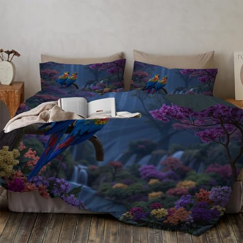 Funda Nordica Cama 135/150 Natural Cascada Funda Nórdica con Cremallera 220x240cm Lindo Loro Flores, Suave Microfibra Ropa de Cama 3 Piezas, 2 Fundas de Almohada