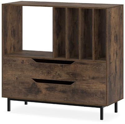 GIANTEX Meuble Platine Vinyle, Support pour Vinyles avec Compartiments Ouverts, 4 Séparateurs, Pieds Métalliques et Tiroir, Étagère pour Disques en Bois pour Salle de Musique, Salon (Marron)
