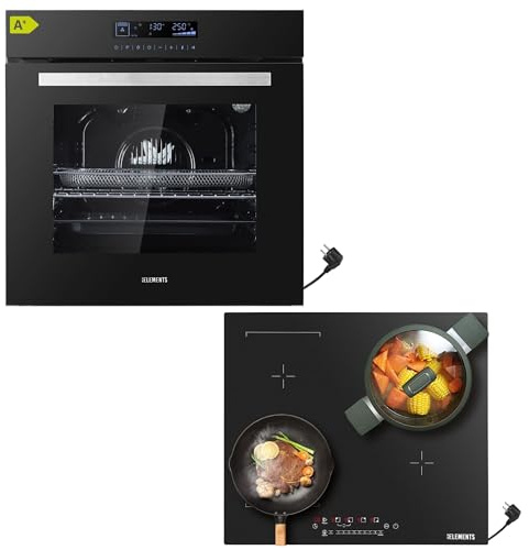 KB ELEMENTS Juego de cocina autosuficiente, horno empotrable de 60 cm, función Air Fry, placa de inducción de 59 cm, resistente a los arañazos con dos zonas flexibles, parrilla, aire caliente, Aqua