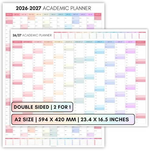 2026-2027 Academic Wall Planner A2 | Colourful Year Planner Poster, Double Sided 2 in 1 Wall Calendar, Aug 2026 to Aug 2027, For School, University, Office & Home (Colourful - Horizontal)