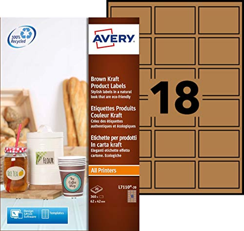 Avery España L7110-20. Caja de 160 etiquetas autoadhesivas kraft multifunción, 62x42mm