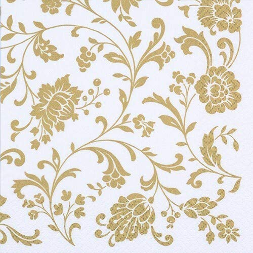 20 Servietten Blumenranken gold-weiß als Tischdeko für Hochzeit, Geburtstag und alle weiteren Feste 33x33cm