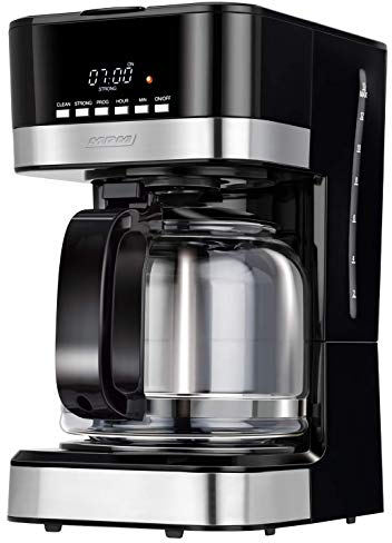 MPM MKW-05 Cafetera programable eléctrica goteo automática, máquina café filtro capacidad 15 tazas, 1.8 litros, Display LCD, función de mantenedora calor, 950 W, color negro acero inoxidable