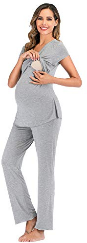 rismart Dam moderskap och omvårdnad pyjamas set kortärmad gravid sjukhus nattkläder t-shirt topp med byxor, Ljusgrå, XXL