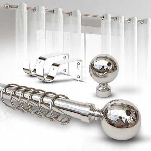 Imperial Rooms Plain Metal Ball Curtain Poles Metal Extendable - Includes Curtain Rod, 60mm Size Finials, Rings, Brackets & Fittings Set (Brushed Silver, 120-210 Cm, 48 Inches to 83 Inches)