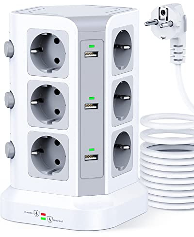 [5M Kable] KOOSLA 12 Fach Steckdosenturm mit Überspannungsschutz (4000W/16A), einzeln schaltbare Steckdosenleiste mit 6 USB für Büro Küche Tisch, 5M, Weiß