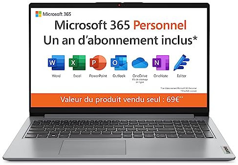 Lenovo IdeaPad 1 15IGL7 -Ordinateur Portable 15.6’’ FHD (Intel Celeron N4120,RAM 4Go,128Go eMMC,Windows 11 Home en Mode S) Clavier AZERTY FR,Premium Care 3 Mois,Microsoft 365 offert pendant 1 an -Gris