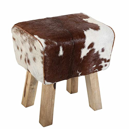 Benisha HH3012 - Sgabello in vera pelle, 38 x 35 x 46 cm (larghezza x profondità x altezza), colore marrone bianco in legno massello effetto pelle di mucca