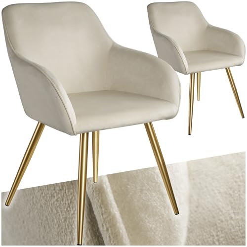 tectake® 2 x Matstol Sammet, Smakfullt Designad Stoppad Karmstol, Elegant Stol med Sammetstyg, Ergonomiskt Köksstol, Rundade Hörn, Utmärkt Stabilitet, Hög Bärförmåga, Skyddar Golvet - Créme/Guld