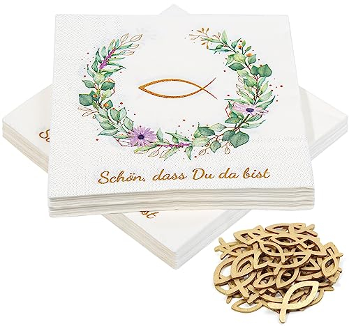 40 Stück Servietten und 45 Stück Fischdekoration aus Holz, 'Schön, dass du da bist!', Fisch-Tischdekoration für Taufe, Kommunion, Konfirmation oder andere festliche Anlässe, 33 x 33cm