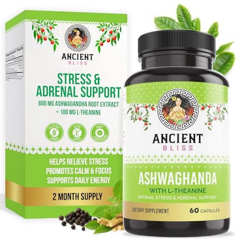Ancient Bliss Ashwagandha with L-Theanine & Black Pepper Extract Capsules, Energy & Natural Mood Support Supplement, Focus Supplement for Adults