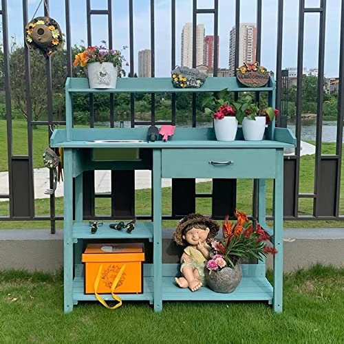 Tavolo da giardinaggio all'aperto Supporto per fiori in legno, tavolo per piantare fiori per la protezione solare sostitutiva del terreno per villa con giardino con balcone (Blue)