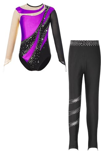 Jowowha Mädchen Turnanzug Langarm Gymnastikanzug Glitzer Eiskunstlauf Body mit Hose Trikotanzug Gymnastik Eislaufen Wettkampf Tanzkostüm Lila 158-164