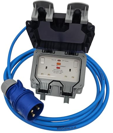 UK Made Marine Hookup CEE Plug to Twin 13A RCD Switched Sockets Power Cable IP44 to IP66 UK (32 Amp Plug, 10 Metres)