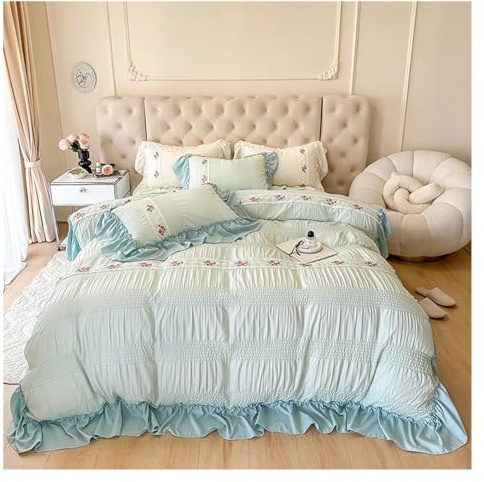 Bed Sheets Set, French Style Princess Bedding Set Lace Ruffles Seersucker Flowers Embroidery Washed Cotton Duvet Cover Set Bed Sheet Pillowcases(Blue,Flat Bed Sheet_Queen 4PCS)