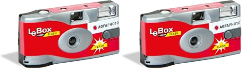 AgfaPhoto 601020 - Appareil Photo Jetable LeBox Flash, 27 Photos, Objectif Optique 31 mm - Gris et Rouge (Lot de 2)