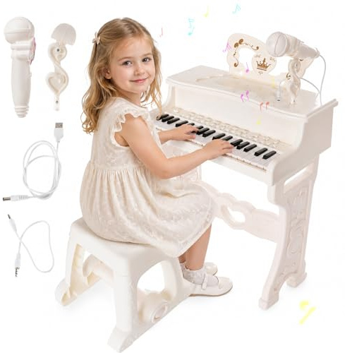 Piano Enfant, Piano Numérique 37 Touches pour Enfants avec Tabouret & Microphone, Piano Electronique Portable avec Microphone Rotatif à 360 °, Jouets Éducatifs Multifonctions Électroniques Portable