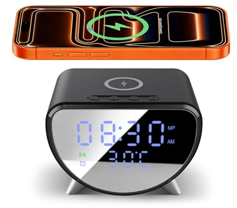 Chargeur sans Fil avec Horloge/Réveil Numérique, Chargeur à Induction Station de Charge pour iPhone/Samsung Galaxy/Pixel, Réveil de Chevet, Horloge de 12/24h, Affichage LED avec Température, Noir