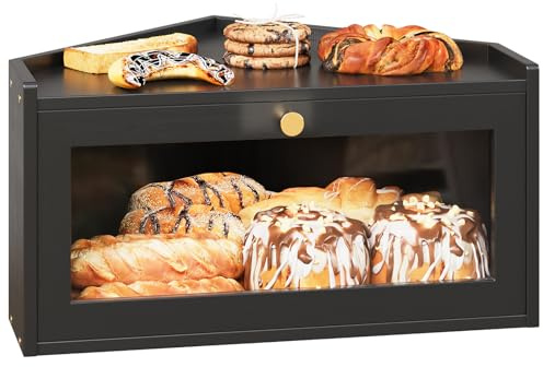 VEDECASA Panera de esquina de bambú para la cocina, panera grande con puerta de acrílico, almacenamiento de pan que ahorra espacio de estilo vintage para pan casero, color negro, 40 x 29 x 20 cm