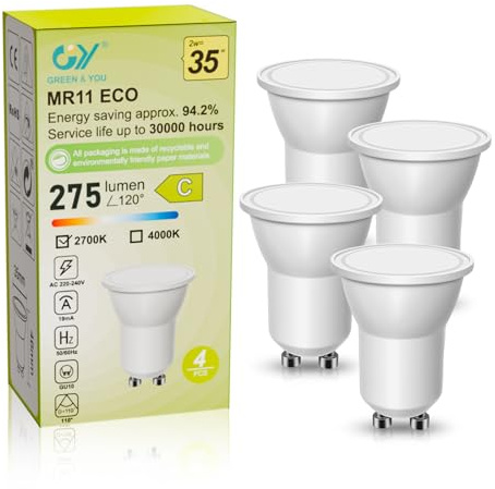 GY Bombilla LED GU10 2W Equivalente a 20W, 275 Lúmenes Blanco Cálido 3000K, Ángulo de Haz 110°, Sin Parpadeo, No Regulable, Pack de 4 Unidades para Dormitorio Cocina Salón