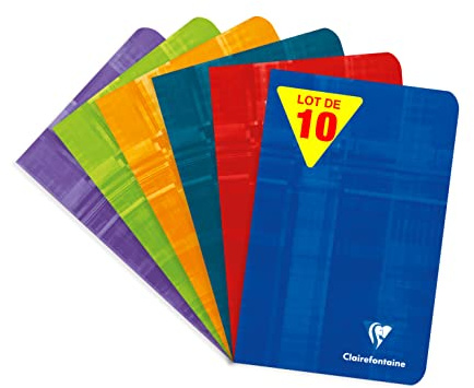 Clairefontaine 63602C Lot de 10 Carnets Agrafés - 11x17 cm - 96 Pages Petits Carreaux - Papier Blanc 90 g - Couverture Carte Pelliculée - Couleurs Aléatoires