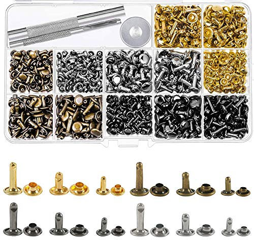 Mesee Leather Rivets Kit, 420 Set Double Cap Rivet Tubular Metal Studs with Setting Tools for DIY Leather Craft Clothes Shoes Bags Belts Repairs Decoration, 3 Sizes 4 Colors