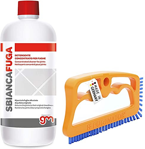 Magazzini GM SBIANCAFUGA, Detergente concentrato ideale per la pulizia delle fughe di pavimenti e rivestimenti, 1 Lt + Fuginator, Spazzola Per Fughe (Arancio Blu)