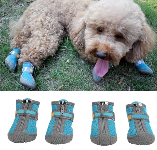 Hundskor skor, husdjur hund sommarskor skor booties med andningsbar utomhusnät halkskydd gummisulor förhindrar repor slickar(#1-Lake blue)