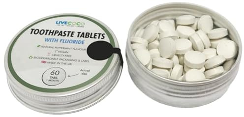 LiveCoco Toothpaste Tablets with Fluoride, Teeth Whitening Tabs for Clean Teeth and Fresh Breath, Vegan and Travel Friendly, Peppermint Flavour, 60 Tabs