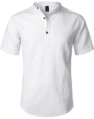 LucMatton Sommerhemd für Herren, aus Baumwolle/Leinen, Kurzarm, lässiges Henley-Hemd, leichte Sommer-Oberbekleidung für den Strand, mit Stehkragen, Weiss/opulenter Garten, XL