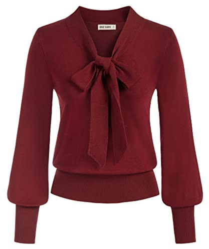 GRACE KARIN Pull Sweatshirts Femme Blouse Tricoté Manche Longue Col en V avec Nœud Papillon Elegant