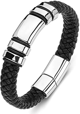 KnSam Surfararmband, PU-läder armband delikat vävt läderarmband rostfritt stål handled kedja med magnetlås, män gåvor, 18.5 centimeters, Konstläder, Utan zirkonium