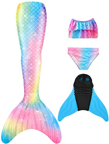 NAITOKE meerjungfrauenflosse mädchen Badeanzug - Meerjungfrau Flosse Bademode mit Bikini Set und Monoflosse Mermaid Tail, 4 Stück Set,POOJ,120