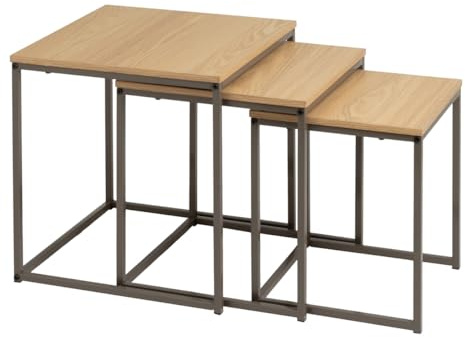 LOLAhome - Set de 3 Mesas Nido Cuadradas de Madera y Metal Color Moka Efecto Madera Natural – Mesitas Auxiliares Apilables para Salón, Comedor, Sofá o Sala de Espera